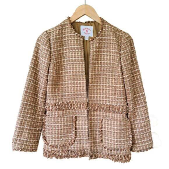 BROOKS BROTHERS Boucle Tweed Fringe Jacket Collarless Blazer Sz 4 Brown Tan Fall - Picture 9 of 10